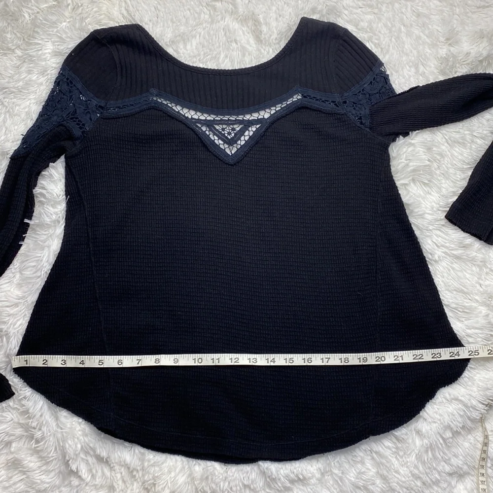 Free People‎ Lace Oversized Black Waffle Knit Thermal